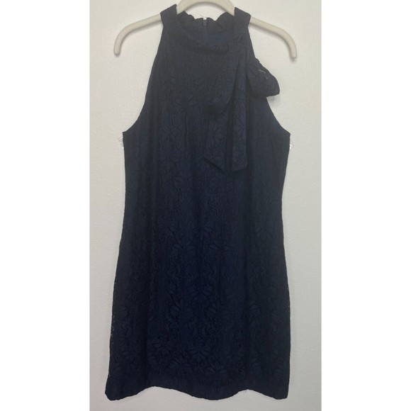 Vince Camuto Sz 14 Tie-Neck Lace Sheath Dress Navy Blue Sleeveless Zip Cocktail - Picture 8 of 16